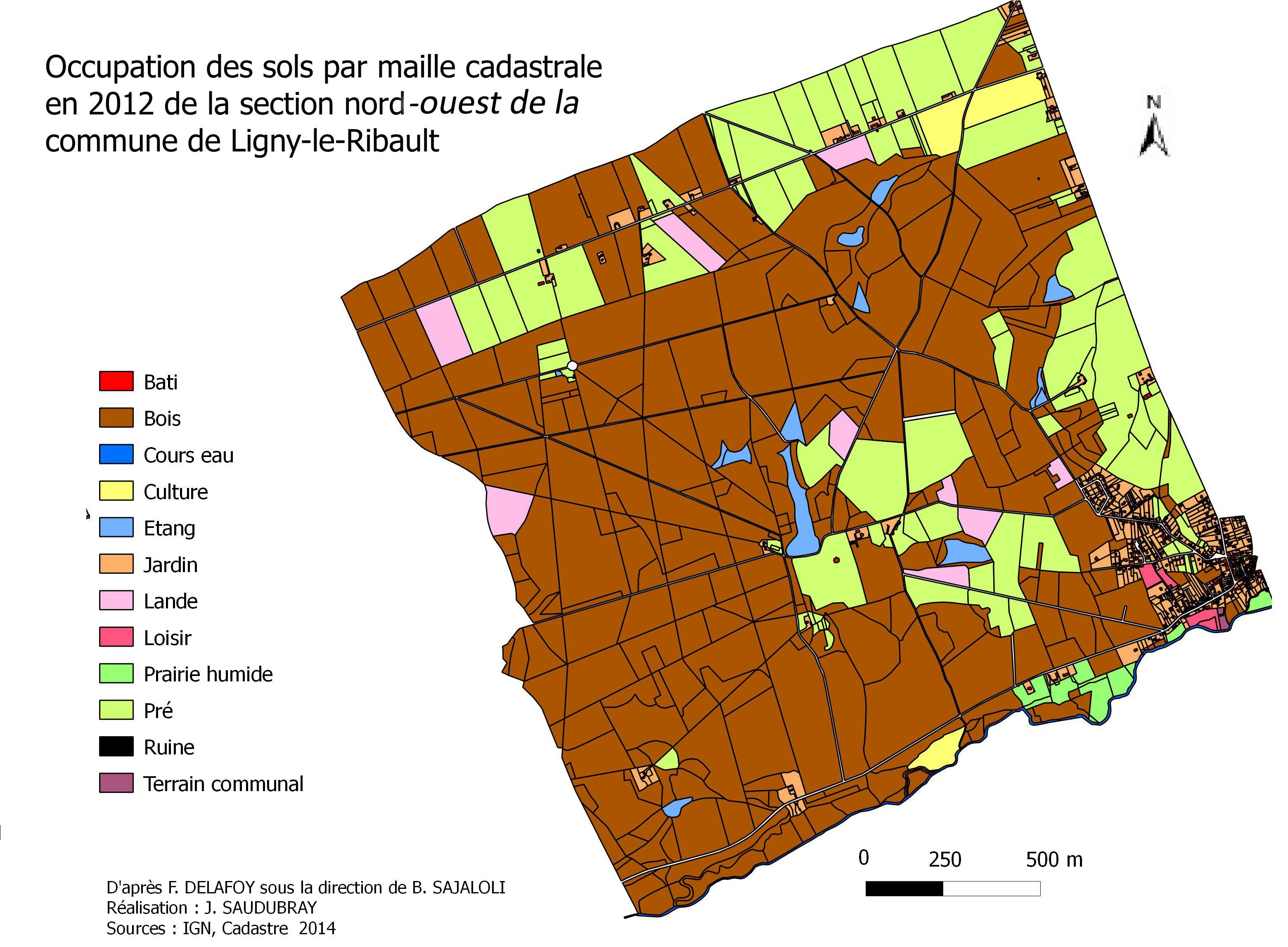 Occupation du sol dans le secteur nord-ouest de la commune de Ligny le Ribault en 2012.