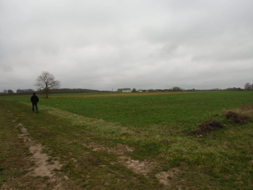 Xavier marchant le long d'un de ses champs. Au fond, en vert, son bâtiment de ferme. Crédits photo : Nicolas Patissier pour Studio Zef
